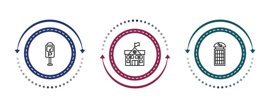 outline city elements icons set - parking meter, city hall, phone booth. editable vector for web and mobile ui