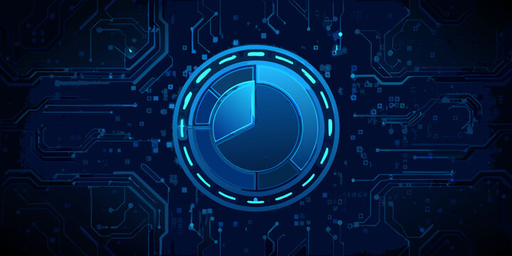 Glowing blue circular circuit board with a segmented pie chart in the center high quality
