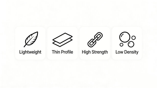 Displaying icons of lightweight, thin, high-strength, and low-density characteristics, the core design concept of modern high-performance materials that are portable and durable.
