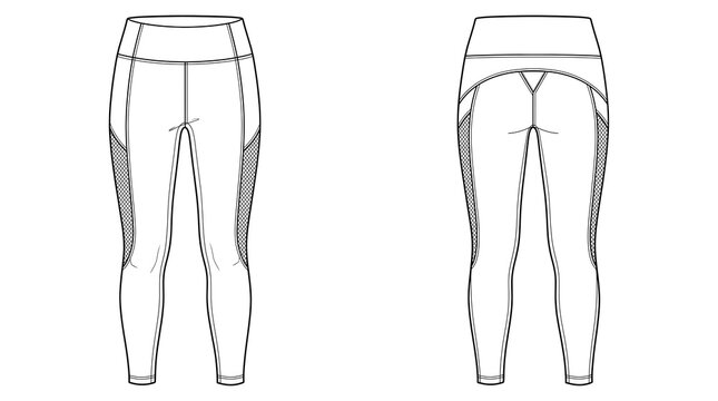 Women Gym Leggings Technical Flat Vector Front Back View High Waist Compression Mesh Panel Sportswear CAD Template