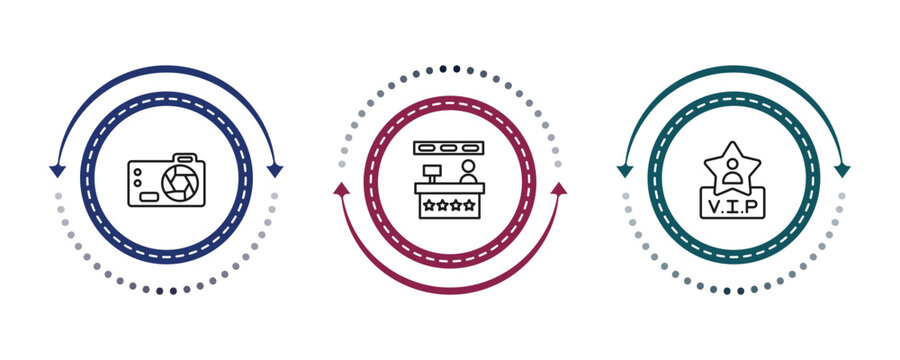 outline cinema icons set - dslr camera, cinema snack bar, vip person. editable vector for web and mobile ui