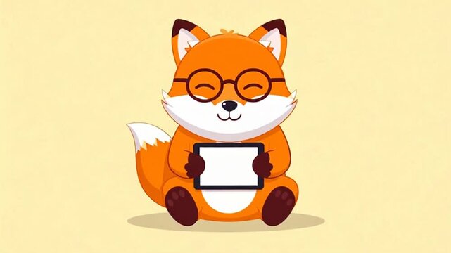Cute Animated Fox with Glasses Reading an E-Book Symbolizing Learning and Knowledge
