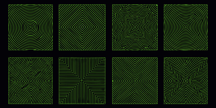 nine geometric line patterns in grids abstract neon green vector illustration on black background