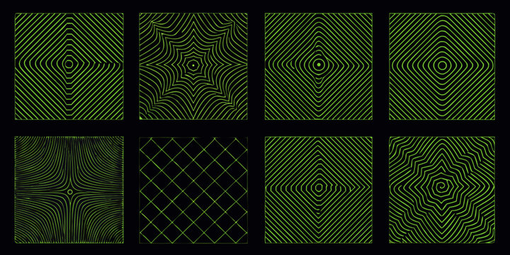 nine geometric line patterns in square grids vibrant green on black background high quality professional