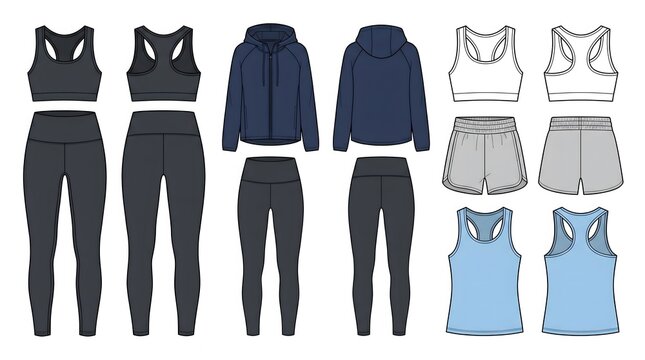 Complete Sportswear Tech Pack Vector Set Gym Leggings Bra Running Jacket Shorts Tank Front Back CAD Activewear Template