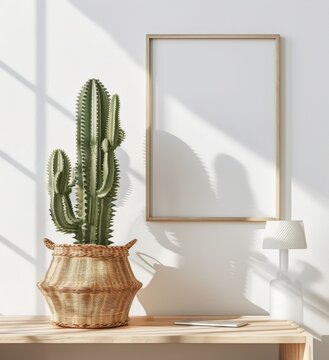 Minimalist poster mockup in wooden frame hanging on white wall next to green cactus in woven basket, warm sunlight shadows on console table, elegant Scandinavian home decor template.