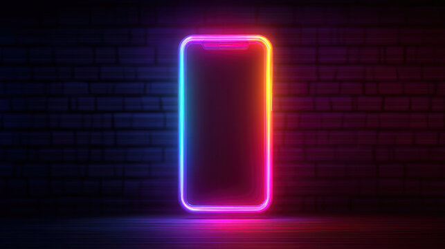 Neon smartphone frame glowing outline dark brick wall pride month cyber security concept with vibrant gradient light background