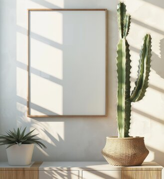 Blank wooden poster frame mockup hanging on white wall with elegant window shadows, tall cactus in woven pot, and potted plant on wooden sideboard, minimalist interior design concept