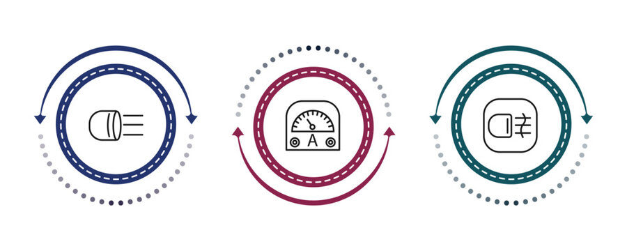 outline car parts icons set - car headlight, car ammeter, fog lamp. editable vector for web and mobile ui