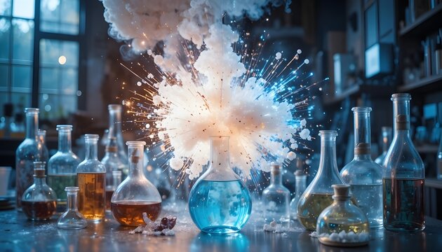 Chemical reaction explosion in laboratory glassware.