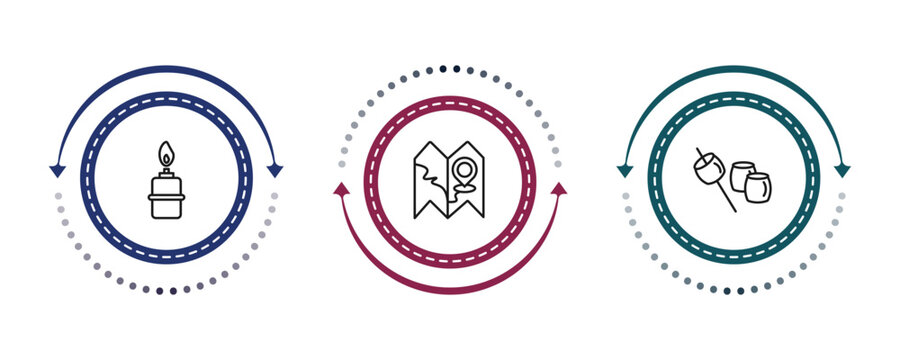 outline camping icons set - cooking gas, map, marshmallow. editable vector for web and mobile ui