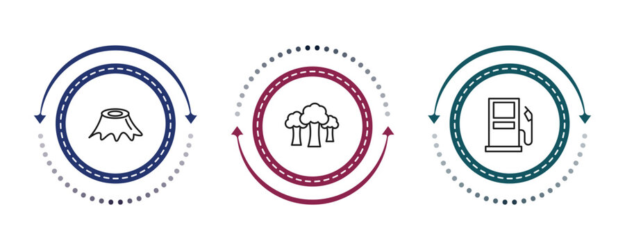 outline camping icons set - stump, trees, gasoline. editable vector for web and mobile ui