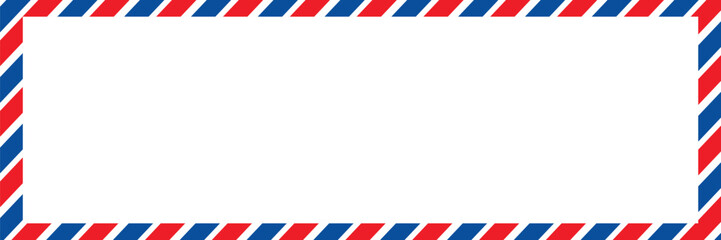 Obraz premium Airmail envelope frame with blue and red stripes on white background. International vintage letter border. Retro air mail postcard. Blank envelope.