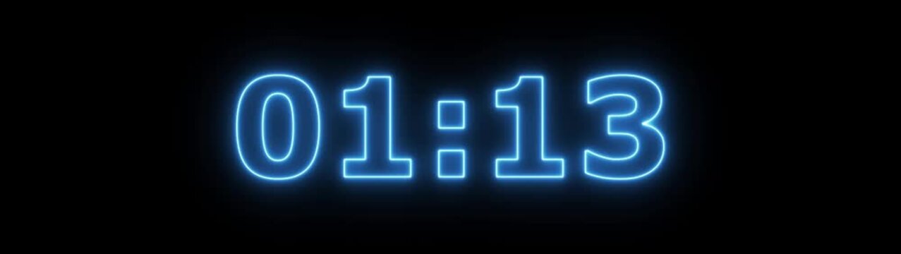 Neon 1 minute 20 second countdown animation from 80 seconds to 0 seconds on a transparent background, Neon One minute 20 second countdown timer with alpha channel 