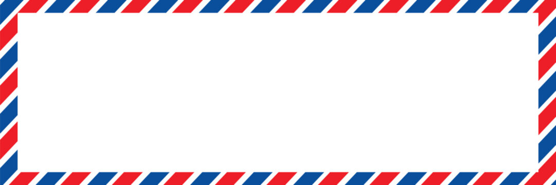 Airmail envelope frame with blue and red stripes on white background. International vintage letter border. Retro air mail postcard. Blank envelope.