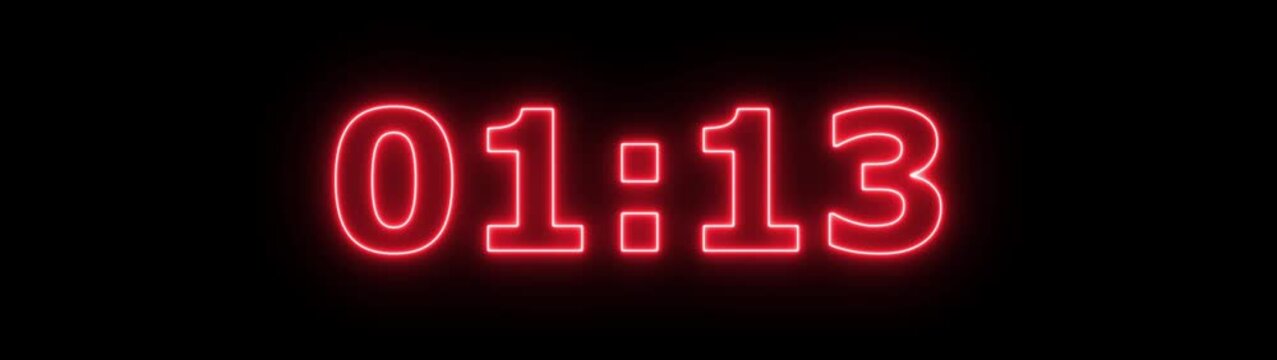 Neon 1 minute 20 second countdown animation from 80 seconds to 0 seconds on a transparent background, Neon One minute 20 second countdown timer with alpha channel 