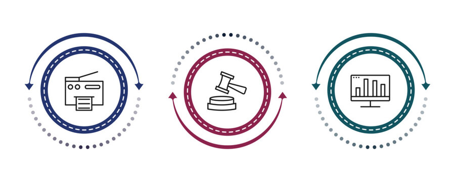 outline business and analytics icons set - printing documents, trial hammer, bars graphic on screen. editable vector for web and mobile ui