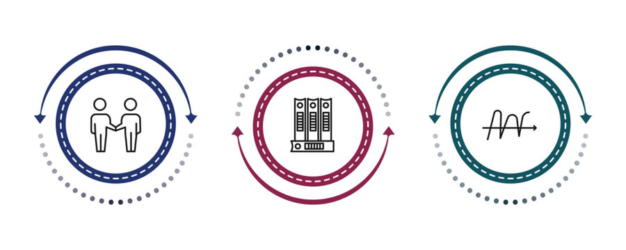 outline business and analytics icons set - partnership, binder, wave chart. editable vector for web and mobile ui