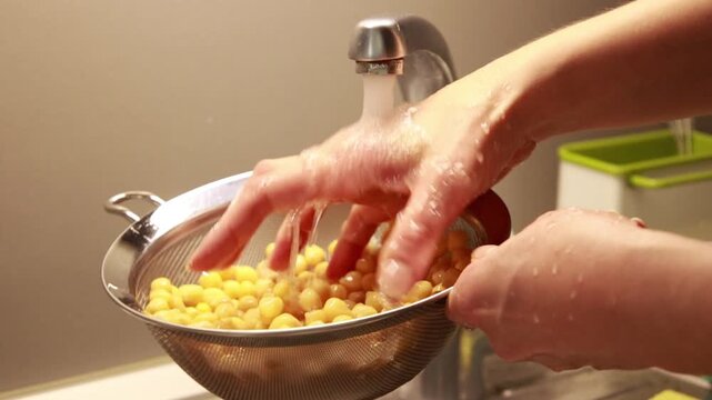 Close-up of a woman's hands washing raw chickpeas in a mesh colander under a running kitchen sink tap