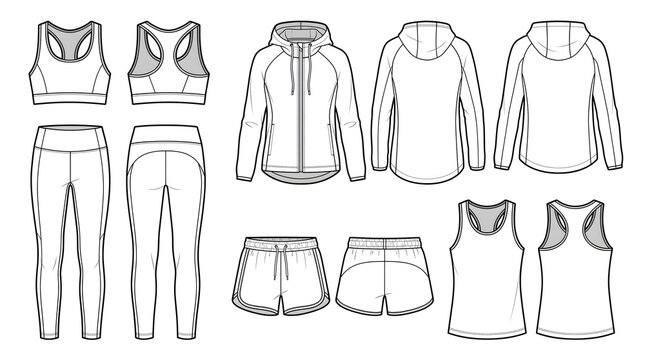 Activewear Apparel Tech Pack Vector Bundle Set Gym Leggings Sports Bra Running Jacket Shorts Tank Front Back CAD