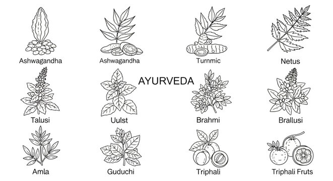 Ayurvedic herbs and plants illustration.