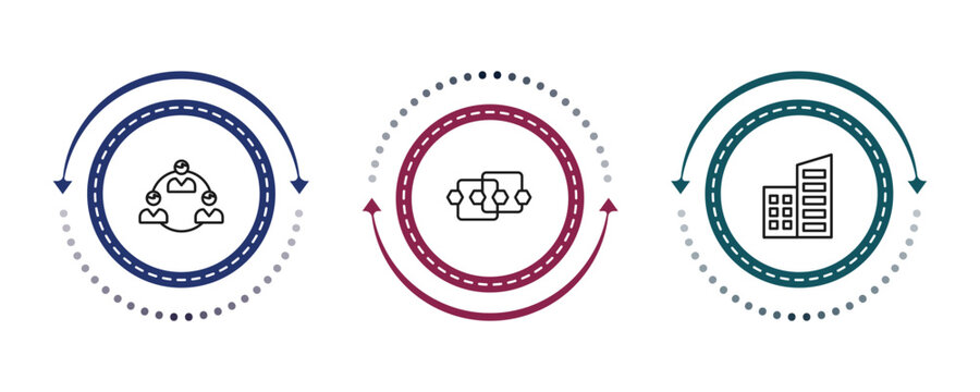 outline business icons set - work parteners, points connected chart, corporation. editable vector for web and mobile ui