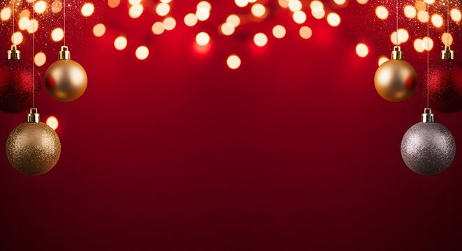 Gold and silver Christmas ornaments hanging on festive string lights against red background