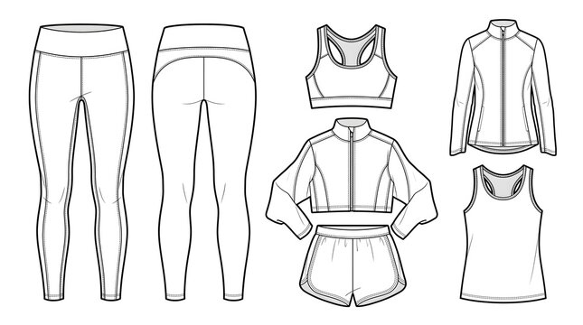 Sports Activewear Technical Flat Vector Set Bundle Leggings Sports Bra Jacket Shorts Tank Top Front Back CAD Template