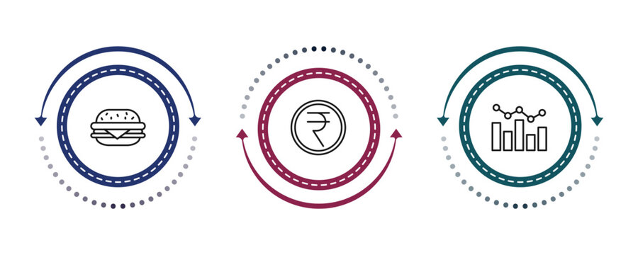 outline business icons set - basic burger, nepalese, graphs. editable vector for web and mobile ui