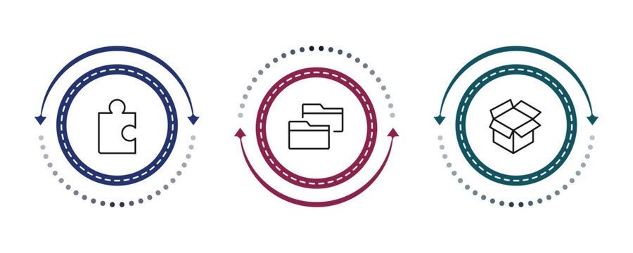 outline business icons set - puzzle game piece, two folders, empty box. editable vector for web and mobile ui