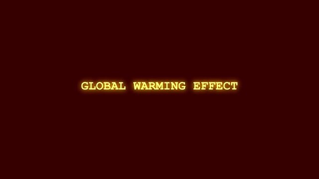 Global warming effect glowing neon text reveal with digital aberration and character corruption layout on dark maroon canvas for environmental awareness campaigns and ecology motion graphics