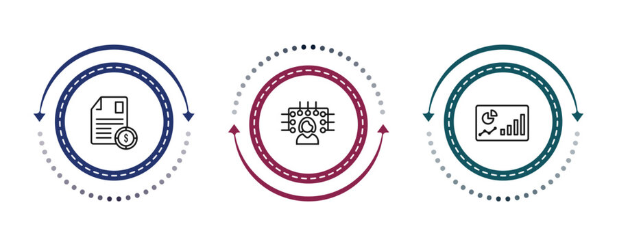 outline business icons set - stock dealing, multitasking woman, progress report. editable vector for web and mobile ui
