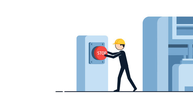 Industrial Worker in Hard Hat Pressing Large Red Emergency Stop Button on Factory Machine, Minimalist Vector Illustration