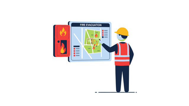 Safety Officer Examining Fire Evacuation Plan and Emergency Exit Map Illustration