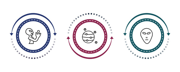 outline astronomy icons set - extraterrestrial, jupiter with satellite, little extraterrestial. editable vector for web and mobile ui © IconArt