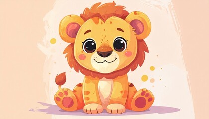 Fototapeta premium Cute cartoon lion cub smiling, soft colors, rounded shapes, simple background