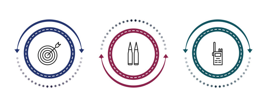 outline army and war icons set - target, two bullets, militar radio. editable vector for web and mobile ui