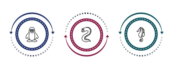 outline animals icons set - penguin, moray, seahorse. editable vector for web and mobile ui © IconArt