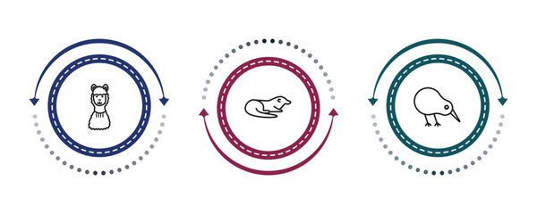 outline animals icons set - llama, otter, kiwi bird. editable vector for web and mobile ui © IconArt