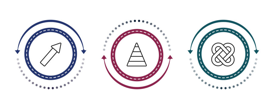 outline analytics icons set - arrows, pyramid chart, interlocking. editable vector for web and mobile ui