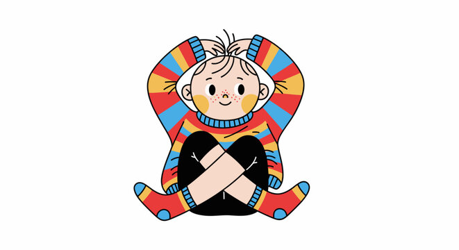 Cute child sitting cross-legged wearing a colorful striped sweater and socks
