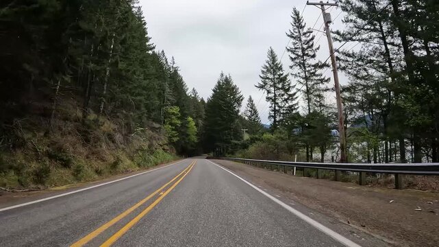 4K b roll car driving footage captured with an action camera along a highway 503 Lewis River road in Washington, USA. Scenic Pacific Northwest wilderness and evergreen woodland landscape