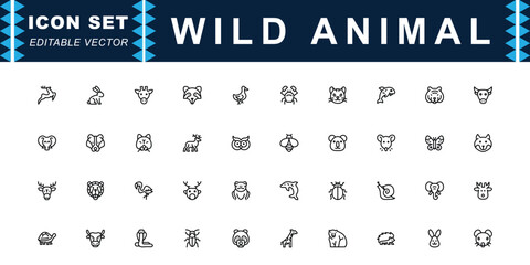 Wild Animal icon set. Contains icons of Rabbit, Fox, Bear, Owl, Butterfly, Deer and more. Editable stroke. Vector illustration.  © Arts_A3