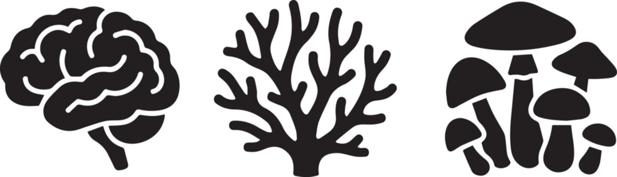 Brain Coral and Mushroom Nootropic Silhouette Icons Vector Set