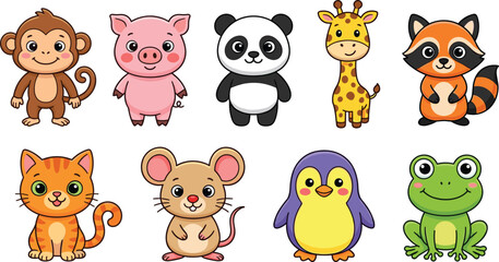 Cute cartoon animal characters vector set with monkey pig panda giraffe fox cat mouse penguin and frog illustration © MostMeskatun