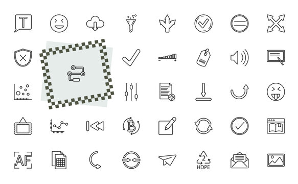 outline user interface icons set - text box, joyful smile, downloading, ribbon from a book. editable vector for web and mobile ui