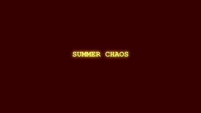 Summer chaos intense neon lettering reveal with cybernetic signal failure and pixel distortion layout on deep burgundy background for climate crisis and severe heat alert motion graphics