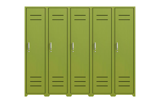 Four green school lockers in a row isolated on transparent background
