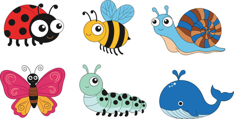 Cute cartoon insect and animal characters set including ladybug bee snail butterfly caterpillar and whale illustration © MostMeskatun