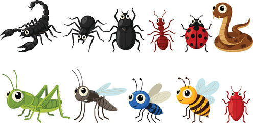 Cute cartoon insects and bugs set including scorpion spider ant bee ladybug and grasshopper for kids illustration © MostMeskatun